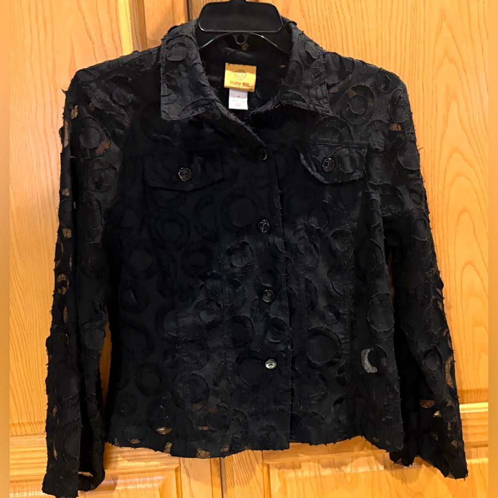 Ruby Rd Black Lace Collared Short Blouse Shirt Size 10